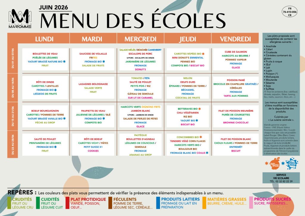 Menu Écoles - Juin 2026
