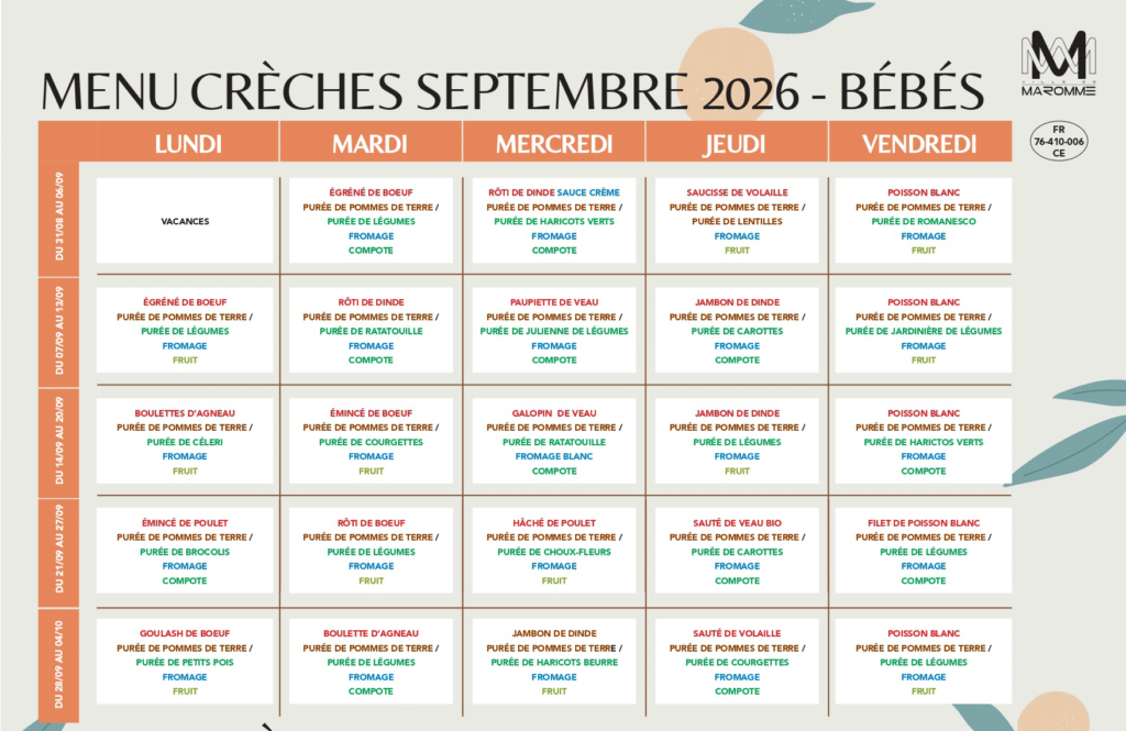 Menu des Crèches - Bébés - Maromme - Septembre 2026