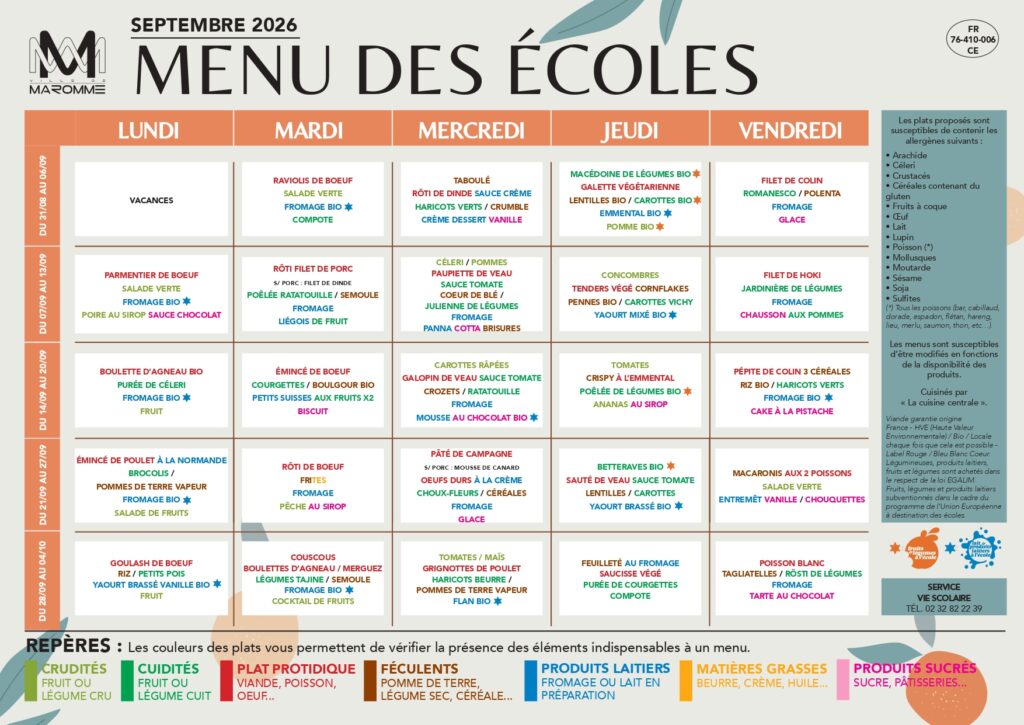 Menu des Écoles - Maromme - Septembre 2026